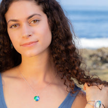 Load image into Gallery viewer, Ocean colors fine silver enamel round domed necklace, green and aqua blue enamel