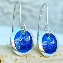 Load image into Gallery viewer, Royal Blue fine silver starburst enamel earrings, 1/2" round with silver rims