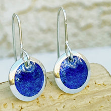 Load image into Gallery viewer, Royal Blue fine silver starburst enamel earrings, 1/2" round with silver rims