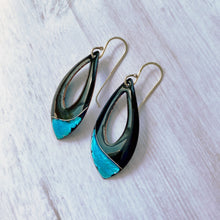 Load image into Gallery viewer, Black enamel open teardrop earrings with silver aqua accent