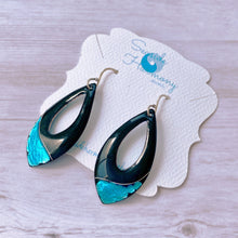 Load image into Gallery viewer, Black enamel open teardrop earrings with silver aqua accent