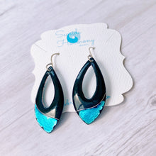 Load image into Gallery viewer, Black enamel open teardrop earrings with silver aqua accent