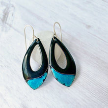 Load image into Gallery viewer, Black enamel open teardrop earrings with silver aqua accent