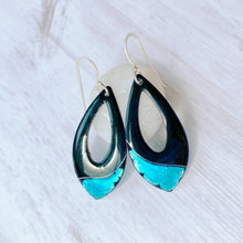 Load image into Gallery viewer, Black enamel open teardrop earrings with silver aqua accent