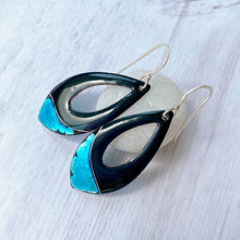 Load image into Gallery viewer, Black enamel open teardrop earrings with silver aqua accent