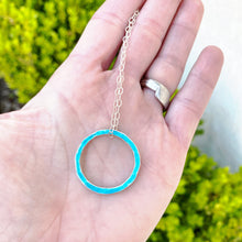 Load image into Gallery viewer, Aqua fine silver enamel open circle karma eternity necklace with sterling silver chain
