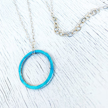 Load image into Gallery viewer, Aqua fine silver enamel open circle karma eternity necklace with sterling silver chain