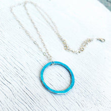 Load image into Gallery viewer, Aqua fine silver enamel open circle karma eternity necklace with sterling silver chain