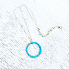 Load image into Gallery viewer, Aqua fine silver enamel open circle karma eternity necklace with sterling silver chain