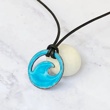 Load image into Gallery viewer, aqua enamel mini wave necklace black cord 