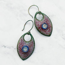 Load image into Gallery viewer, red and blue crackle pointed oval murinni glass earrings
