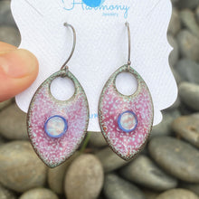 Load image into Gallery viewer, red and blue crackle pointed oval murinni glass earrings