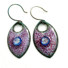 Load image into Gallery viewer, red and blue crackle pointed oval murinni glass earrings