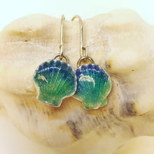 Load image into Gallery viewer, Moonrise Enamel (Blue Green) Fine Silver Shell Earrings - Seaside Harmony Jewelry