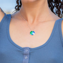 Load image into Gallery viewer, Ocean colors fine silver enamel round domed necklace, green and aqua blue enamel
