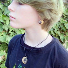 Load image into Gallery viewer, model wearing moon  and start enamel pendant and earrings set seaside harmony jewelry