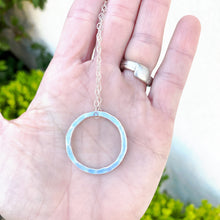 Load image into Gallery viewer, Sky Blue fine silver enamel open circle karma eternity necklace with sterling silver chain