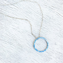 Load image into Gallery viewer, Sky Blue fine silver enamel open circle karma eternity necklace with sterling silver chain