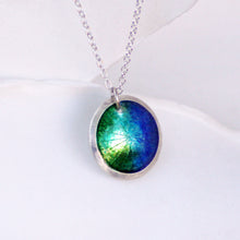 Load image into Gallery viewer, Ocean colors fine silver enamel round domed necklace, green and aqua blue enamel