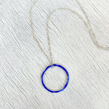 Load image into Gallery viewer, royal blue fine silver open circle karma eternity necklace with sterling silver chain seaside harmony jewelry