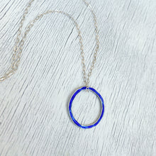 Load image into Gallery viewer, royal blue fine silver open circle karma eternity necklace with sterling silver chain seaside harmony jewelry