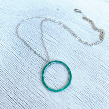 Load image into Gallery viewer, Seagreen fine silver enamel open circle karma eternity necklace with sterling silver chain