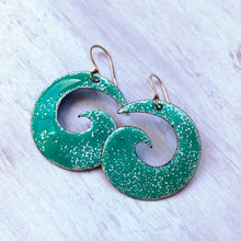Load image into Gallery viewer, Seagreen over white Spiral enamel earrings- Geometric