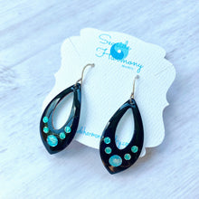Load image into Gallery viewer, Black open teardrop enamel earrings with silver aqua and seagreen bubbles
