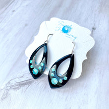 Load image into Gallery viewer, Black open teardrop enamel earrings with silver aqua and seagreen bubbles