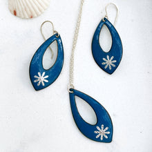 Load image into Gallery viewer, holiday blue enamel silver snowflake necklace and earring set 
